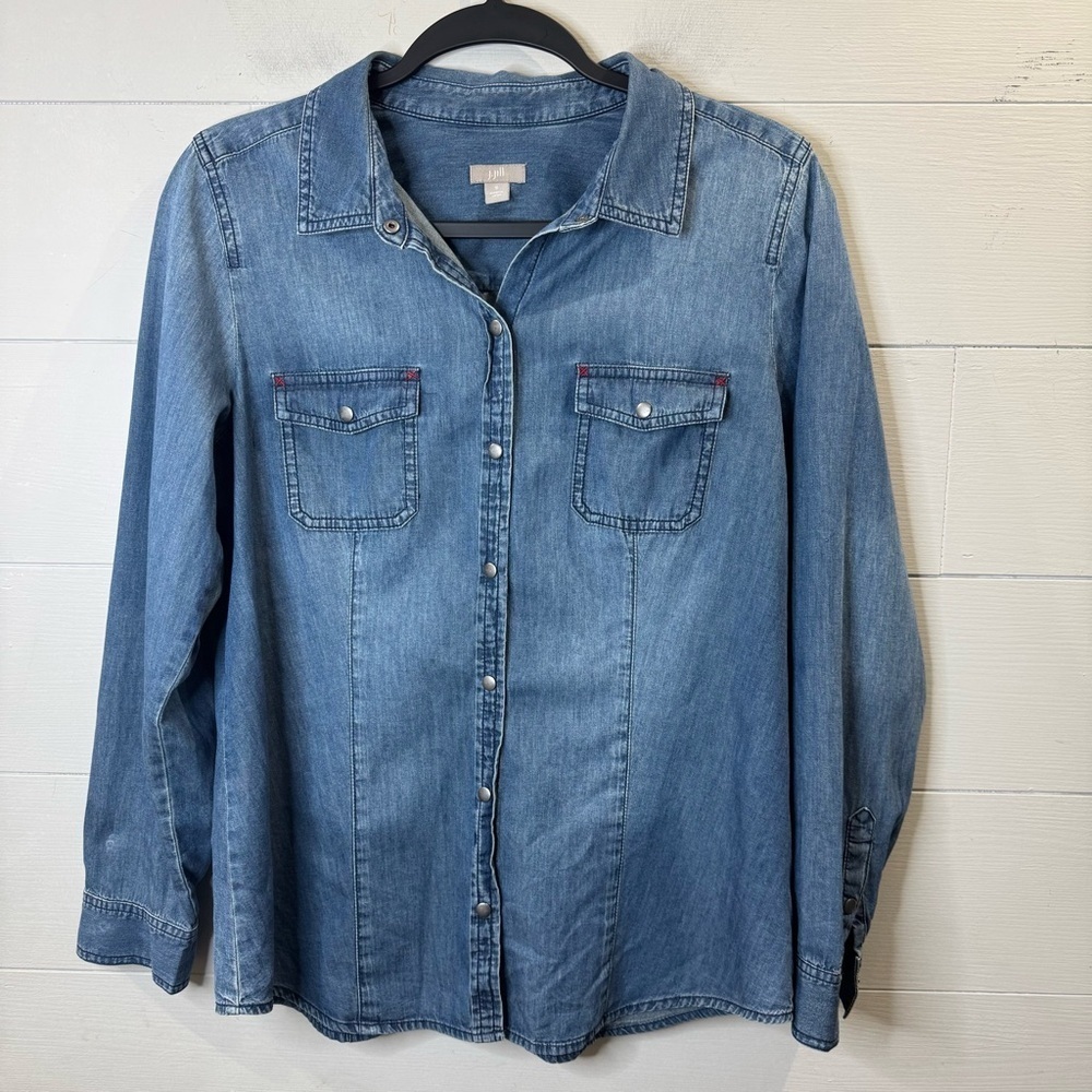 J.Jill | Women's Cotton Snap Front Denim Chambray Long Sleeve Top Shirt